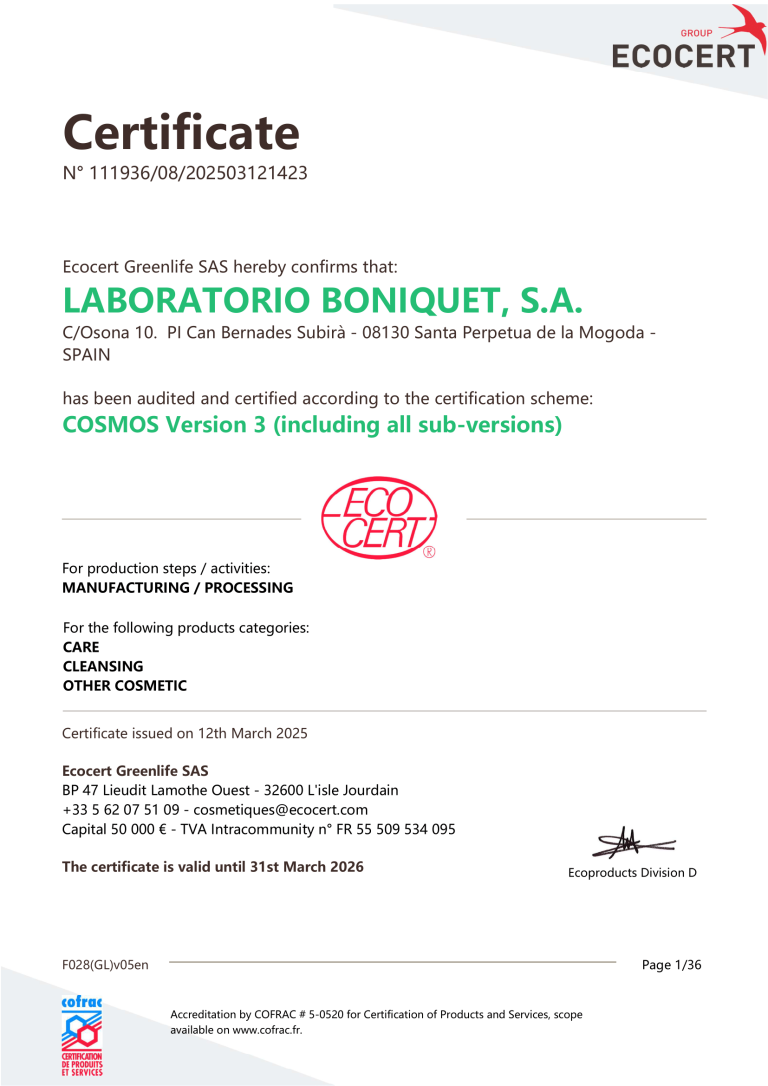 Ecocert Cosmos Organic Certificate Promis Paste 24-25-1