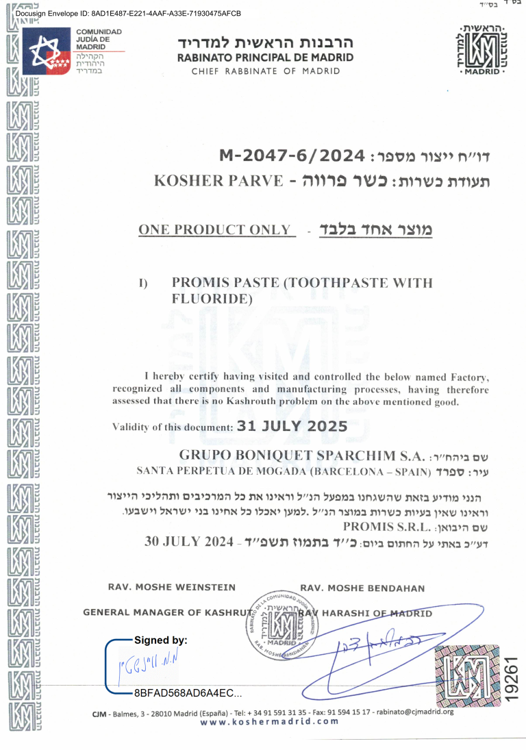 Promis Paste Certificate KOSHER